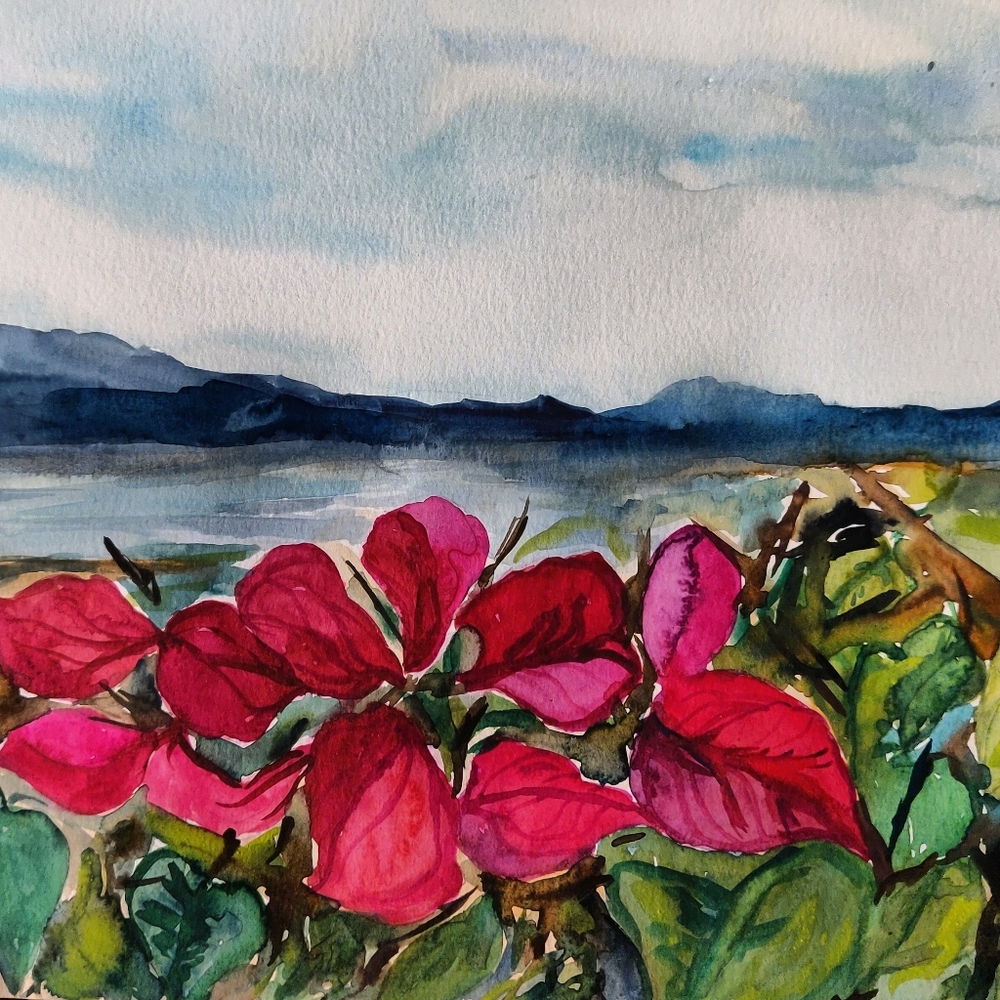 floral lake Watercolor Painting